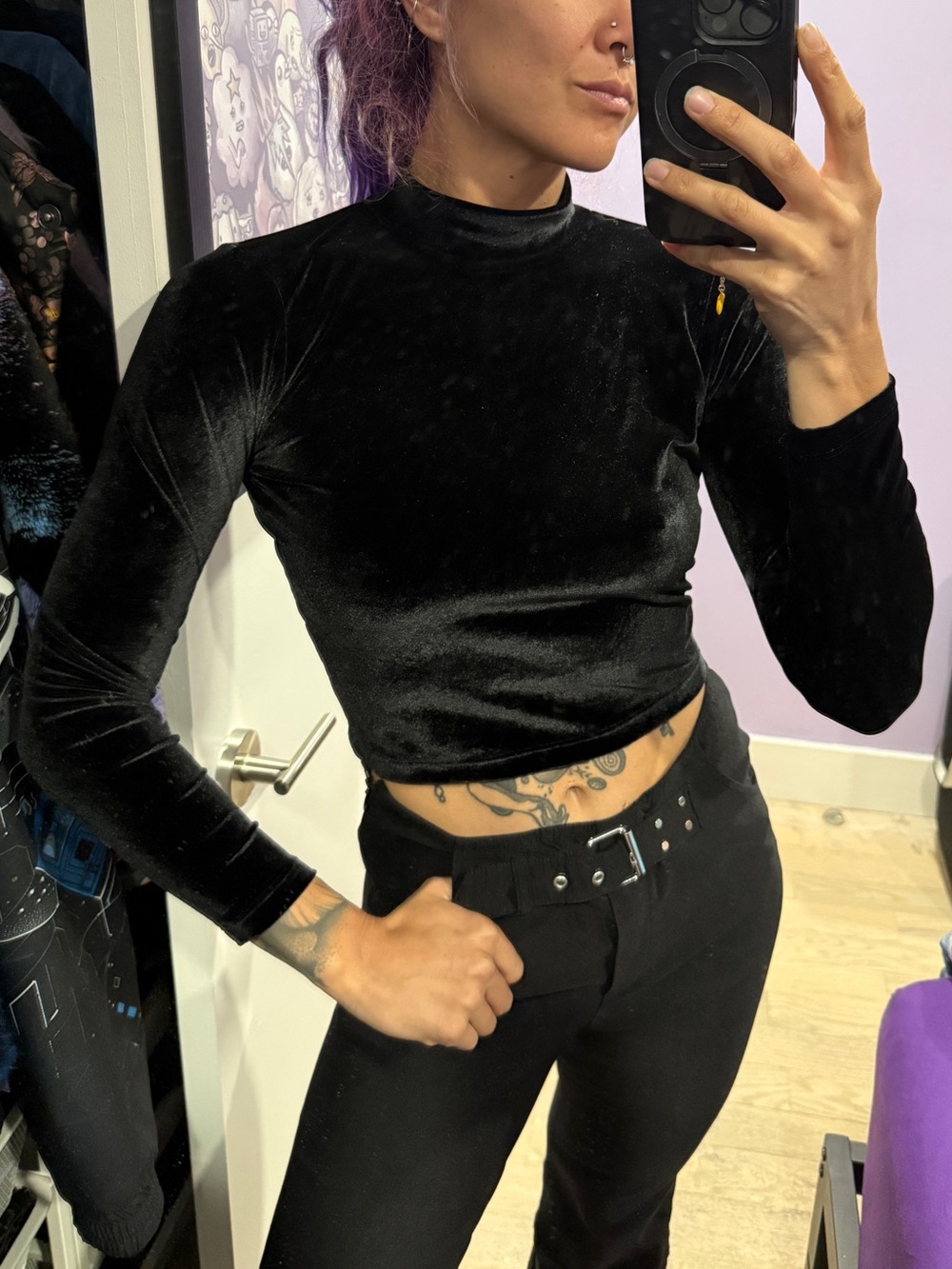 American Apparel Black Velvet Long Sleeve Crop Top - Mock Neck